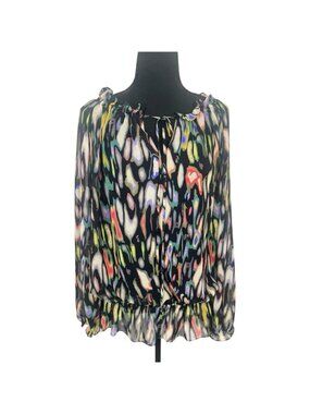 Kenneth Cole Watercolor Chiffon Drawstring Neckline Blouson Top Size L Sheer